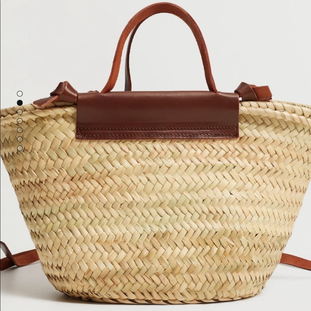 Leather handle raffia basket bag